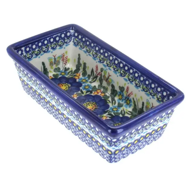 Blue Rose Polish Pottery Garden of Blue Small Loaf Baker