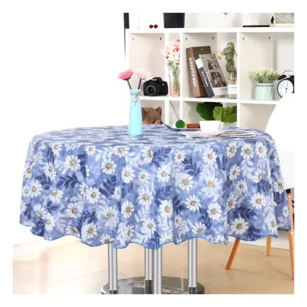 71" Dia Round Vinyl Water Oil Resistant Printed Tablecloths Blue Daisy - PiccoCasa