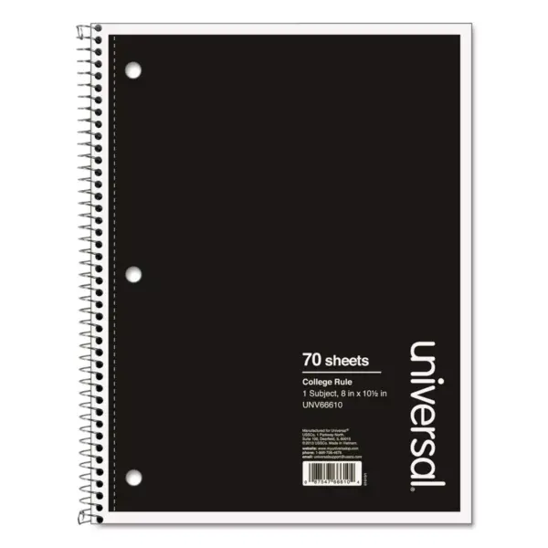 Universal 1 Sub. Wirebound Notebook 10 1/2 x 8 College Rule 70 Sheets Black Cover 66610