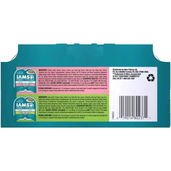 Iams Perfect Portions Grain Free Indoor Paté Salmon & Turkey Recipes Premium Wet Cat Food - 2.6oz/12ct Variety Pack