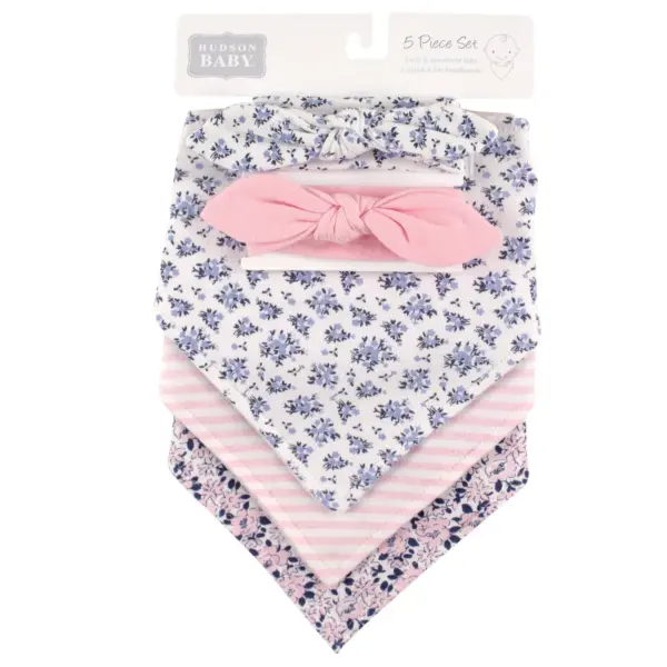 Hudson Baby Infant Girl Cotton Bib and Headband Set 5pk, Classic Floral, One Size