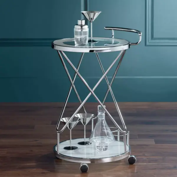 Studio 55D Page 29 1/2" High Glass and Chrome Rolling Serving Bar Cart