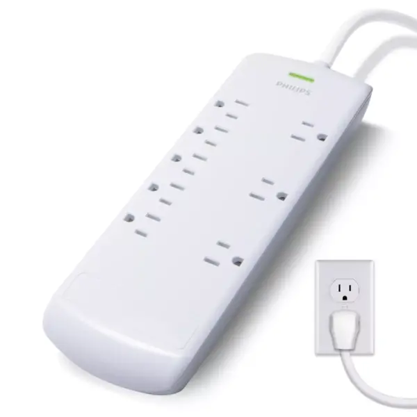 Philips 8-Outlet Surge Protector with 8ft Extension Cord, White