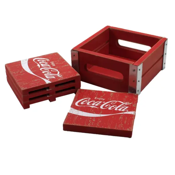 Tabletop 2.25" Coca Cola Coasters W/Holder Wood Crate Transpac  -  Coasters