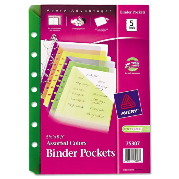 Avery Small Binder Pockets Standard 7-Hole Punched Assorted 5 1/2 x 9 1/4 5/Pack 75307