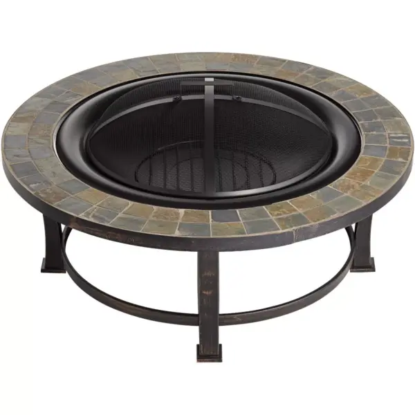 John Timberland Black Slate Fire Pit Round 40" Table Steel Wood Burning with Spark Screen and Fire Poker for Outside Backyard Patio Camping