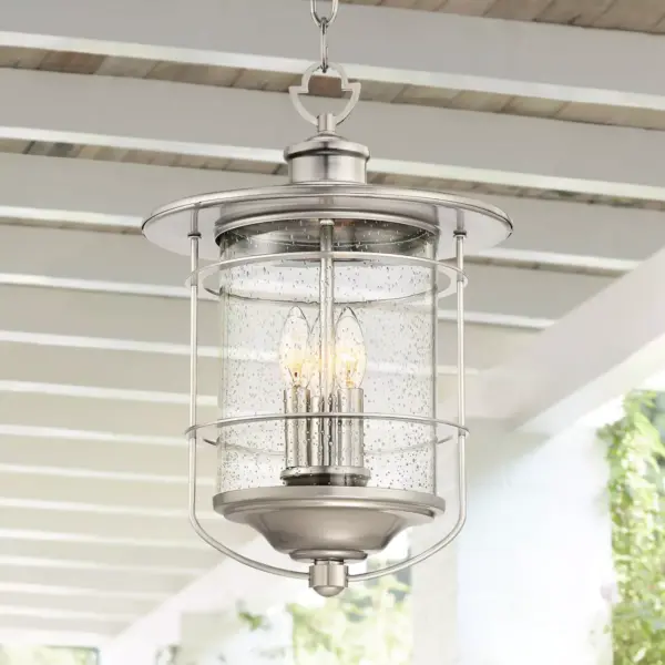 Franklin Iron Works Industrial Outdoor Light Hanging Lantern Brushed Nickel Damp Rated 19" Clear Seedy Glass for Porch Patio