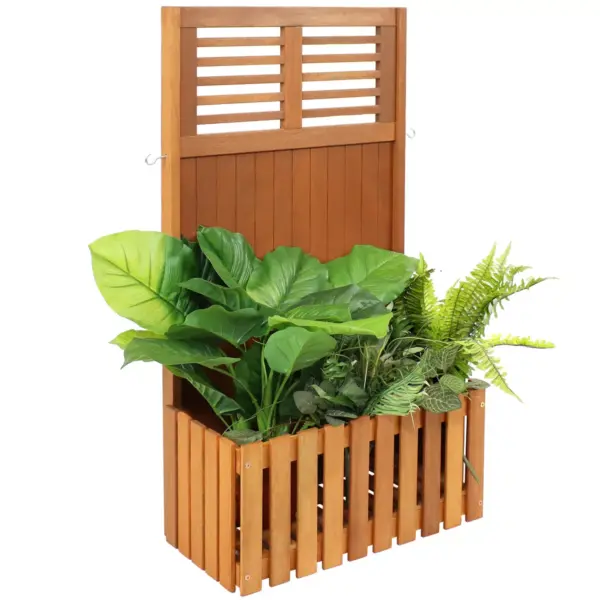 Sunnydaze Outdoor Garden Meranti Wood with Teak Oil Finish Planter Box with Privacy Screen and 2 Hooks for Hanging Basket Planters - 44" H - Brown