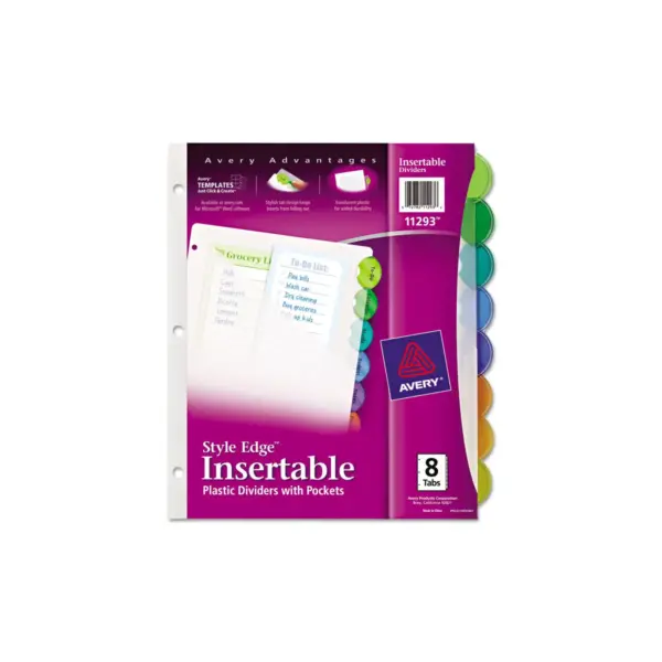 Avery Style Edge Insertable Dividers with Pocket Multicolor 8-Tab 11 1/4 x 9 1/4 11293