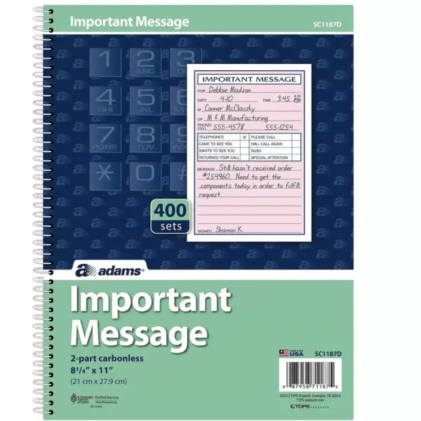 Adams Phone Message Pad 5.5 x 3.8 Ruled 100 Sheets SC1187D