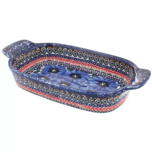 Blue Rose Polish Pottery Blue Art Rectangular Serving Dish with Handles