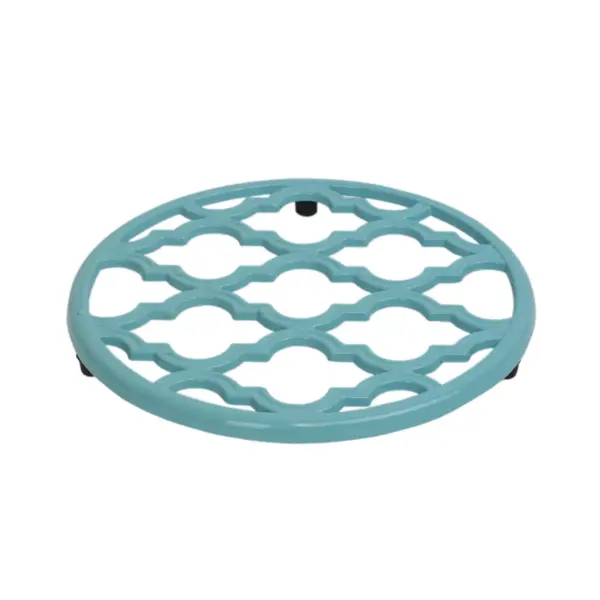 Home Basics Lattice Collection Round Heavy Weight Multi-Purpose Decorative Cast Iron Trivet with Soft Non-Skid Rubber Peg Feet, Turquoise