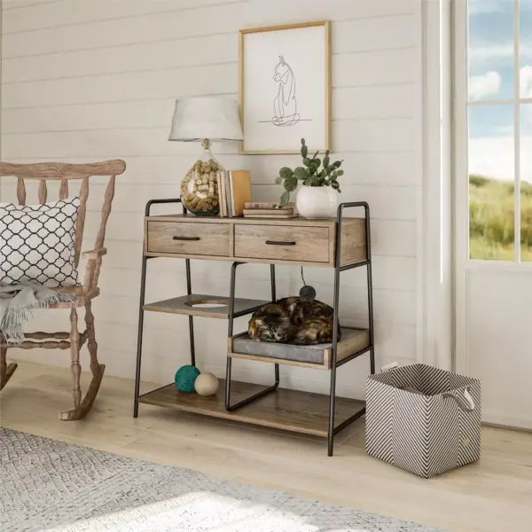 O'Malley Accent Table with Cat Bed, Rustic Oak