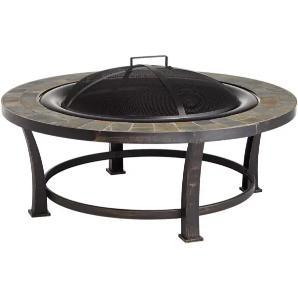 John Timberland Black Slate Fire Pit Round 40" Table Steel Wood Burning with Spark Screen and Fire Poker for Outside Backyard Patio Camping