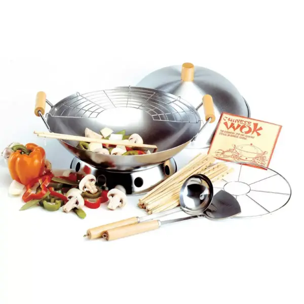 Norpro 10 Piece 14 Inch Carbon Steel Stir Fry Cooking Pan Wok Set with Racks, Chopstick, Turner, Ladle and Lid for Gas and Electric Stove