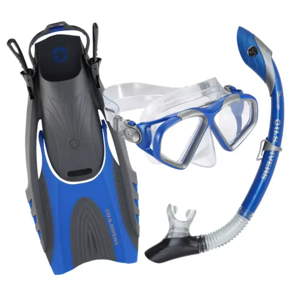 U.S. Divers Adult Cozumel TX Island Dry Snorkeling Combo Set with Adjustable Mask, Snorkel, and Large/XL Fins (Men's 9-13/Women's 10-14), Blue