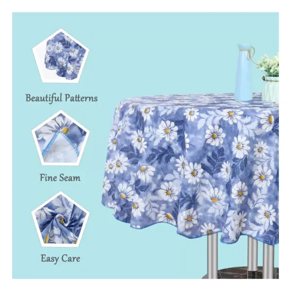 71" Dia Round Vinyl Water Oil Resistant Printed Tablecloths Blue Daisy - PiccoCasa