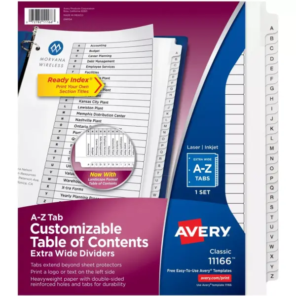 Avery Dividers Ready Index A-Z 9-3/4" x 11" 26/Set White 11166