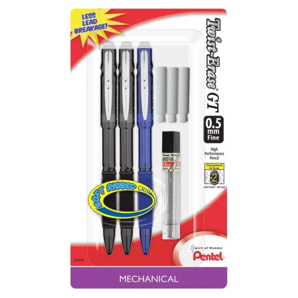 Pentel #2 Mechanical Pencils with Lead And Eraser, 0.5mm, 3ct - Multicolor