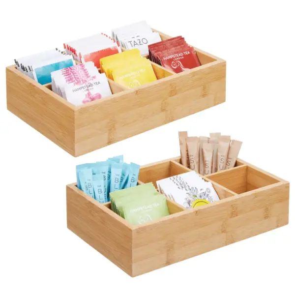 mDesign Bamboo Wood Tea & Food Organizer Bin - 6 Sections, 2 Pack - Natural