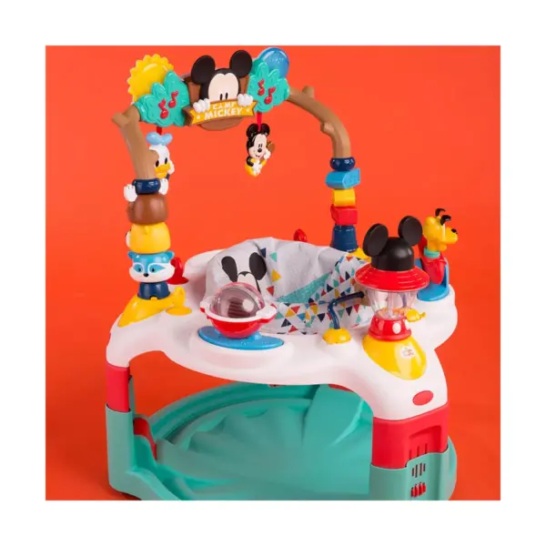 Bright Starts Mickey Mouse and Friends Camping Baby Bouncer Activity Play Center with Musical Sounds and Lights, For 6 to 12 Months