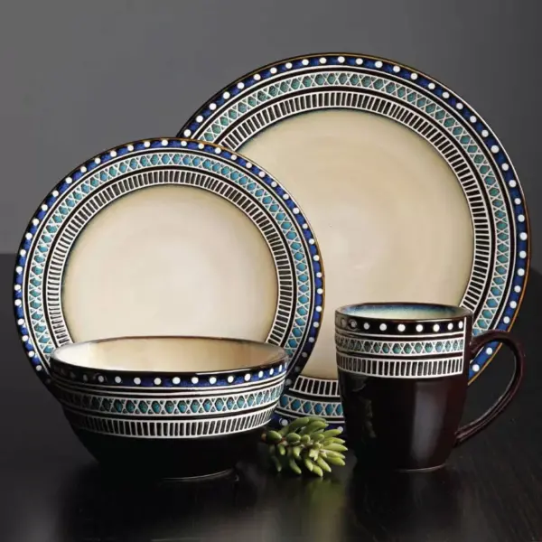 Gibson 101983.16RM Elite Magello Glazed Stoneware 16-Piece Dinnerware Set, Microwave and Dishwasher Safe, Blue and Brown (2 Pack)