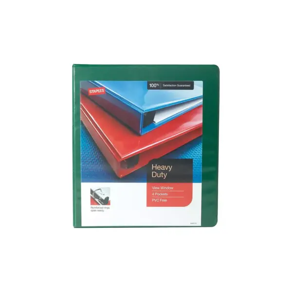 Staples Heavy Duty 1" 3-Ring View Binder Green (24670) 82708