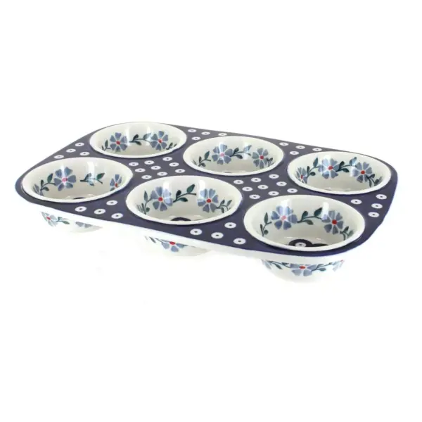 Blue Rose Polish Pottery Blue Violet Muffin Pan