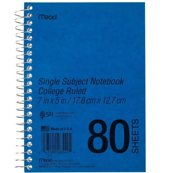 Mead 1-Subject Notebook 5" x 7" College Ruled 80 Sheets Blue (06542) 887571