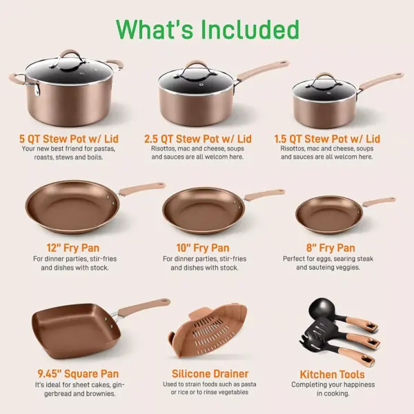 NutriChef Metallic Nonstick Ceramic Cooking Kitchen Cookware Pots and Pan Baking Set with Lids and Utensils, 20 Piece Set, Bronze (2 Pack)