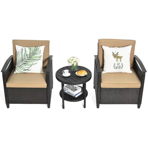 Costway 3PCS Patio Rattan Furniture Set Cushioned Sofa Storage Table W/ Shelf Garden