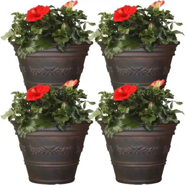 Sunnydaze Indoor/Outdoor Patio, Garden, or Porch Weather-Resistant Double-Walled Laurel Flower Pot Planter - 13" - Rust Finish - 4pk