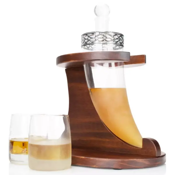 Atterstone Medieval Viking Horn Liquor Decanter Home Bar Set with Whiskey Stones, Drinking Glasses, and Custom Mahogany Display Stand