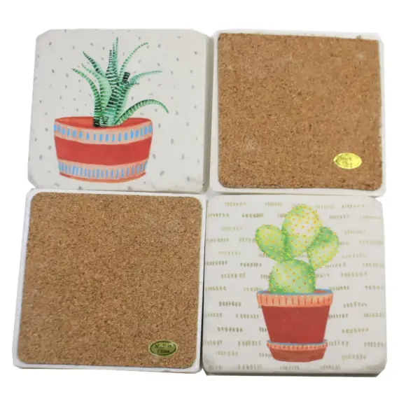 Tabletop 3.75" Cactus Coaster 4 Pc Set Plants Square Cork Back Neutral Ganz  -  Coasters