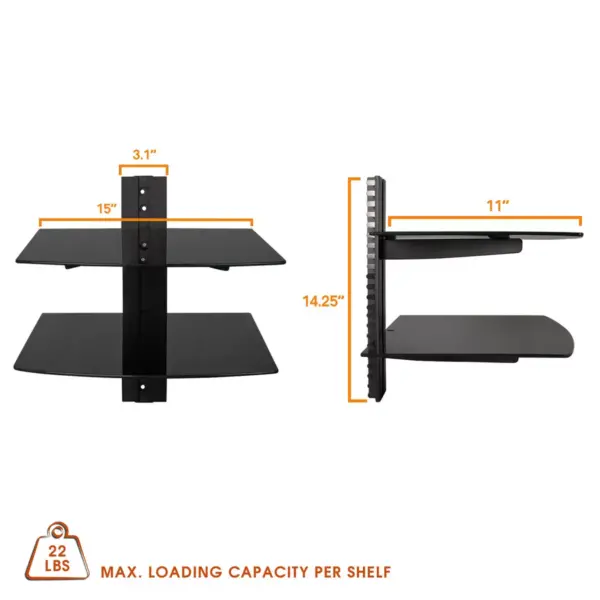 MegaMounts Tempered Glass Double Shelf Single Stud Wall Mount