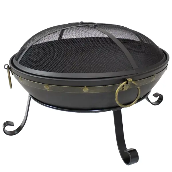 Sunnydaze Outdoor Camping or Backyard Steel Victorian Fire Pit Bowl with Handles and Spark Screen - 25" - Black