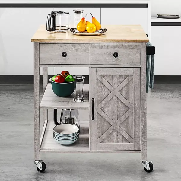 34" Kitchen Cart with Wood Top Saw Cut White - Home Essentials