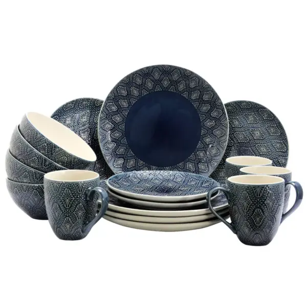 16pc Stoneware Lovely Tapestry Dinnerware Set Blue - Elama