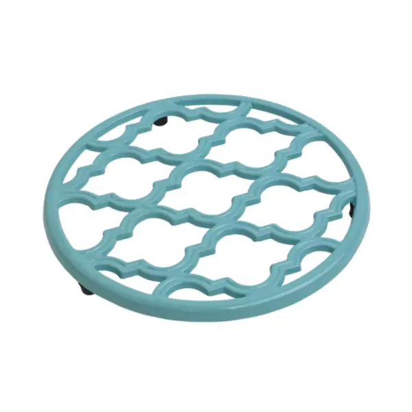 Home Basics Lattice Collection Round Heavy Weight Multi-Purpose Decorative Cast Iron Trivet with Soft Non-Skid Rubber Peg Feet, Turquoise