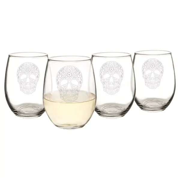 Halloween Sugar Skull Stemless Wine Glasses - 4ct