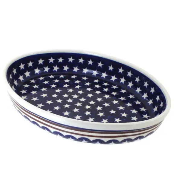 Blue Rose Polish Pottery Stars & Stripes Medium Oval Baker