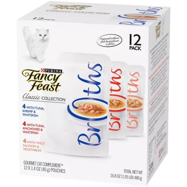 Purina Fancy Feast Broths Classic Collection Gourmet Wet Cat Food Complement Tuna, Shrimp & Salmon - 1.4oz/12ct Variety Pack