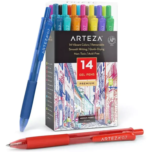 Arteza Retractable Gel Ink Colored Pens Set, Bright Colors - Doodle, Draw, Journal - 14 Pack (ARTZ-9726)