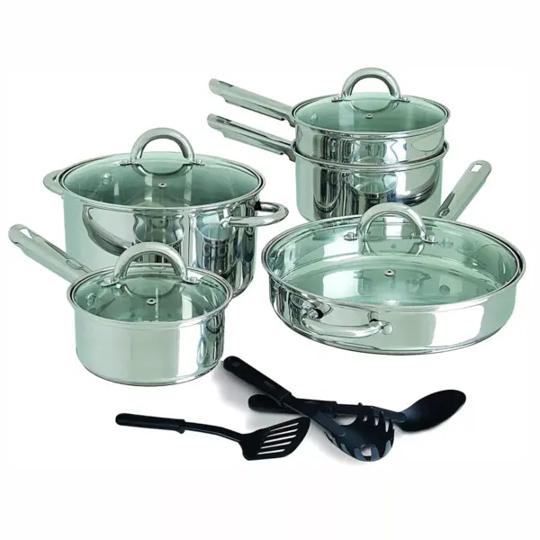 Gibson Home Abruzzo 12 Piece Stainless Steel Kitchen Pots Pans Cookware Set with Lids and 3 Serving Utensils, Mirrored Silver Finish