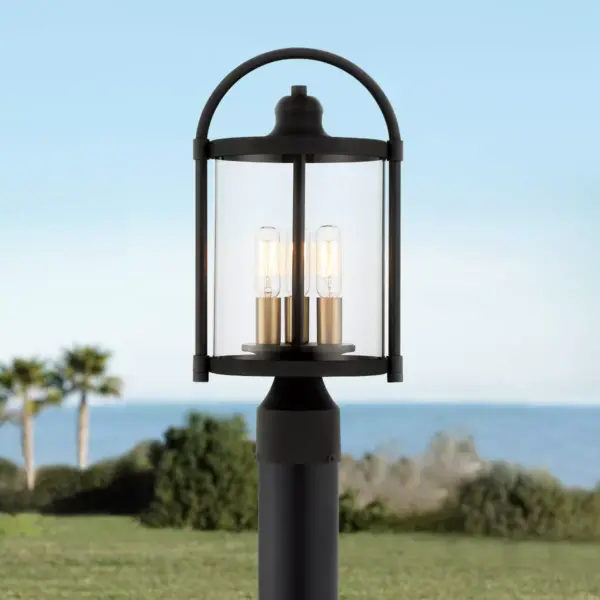 John Timberland Modern Outdoor Post Light Fixture Black Warm Brass Metal 15 3/4" Clear Glass Exterior House Porch Patio Outside