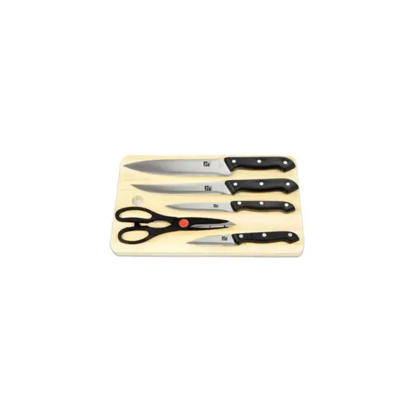 Home Basics Essentials Series 5 Piece Stainless Steel Knife Set with All Natural Wood Cutting Board