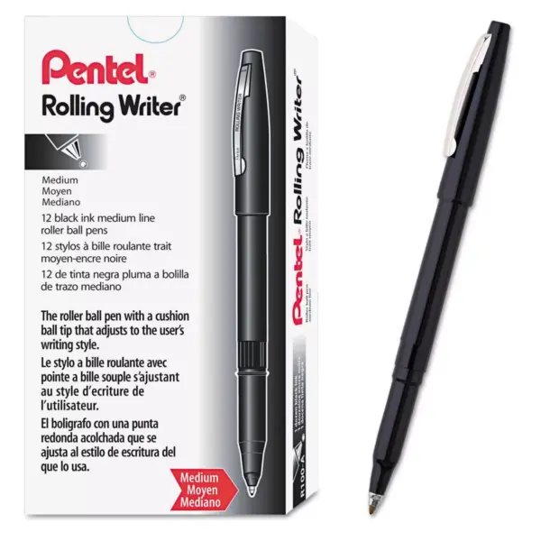 Pentel Rolling Writer Roller Ball Capped Pen, Black Ink, Medium, Dozen