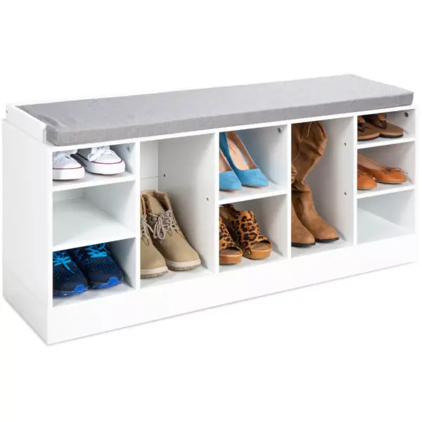 Best Choice Products 46in Shoe Storage Organization Rack Bench for Entryway, Bedroom w/ Padded Seat, 10 Cubbies - White