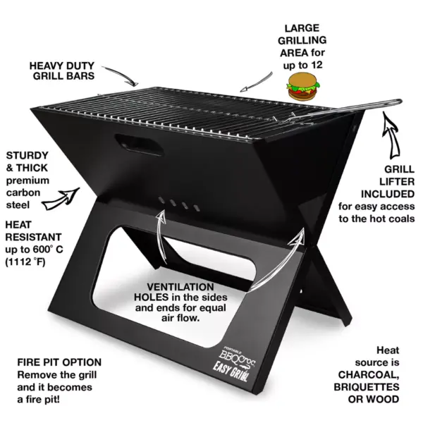 BBQCroc Tools Compacting Portable 19 Inch Steel Barbecue Cooking Grill with Travel Bag for Outdoor Barbecues, Camping Trips, and Tailgates