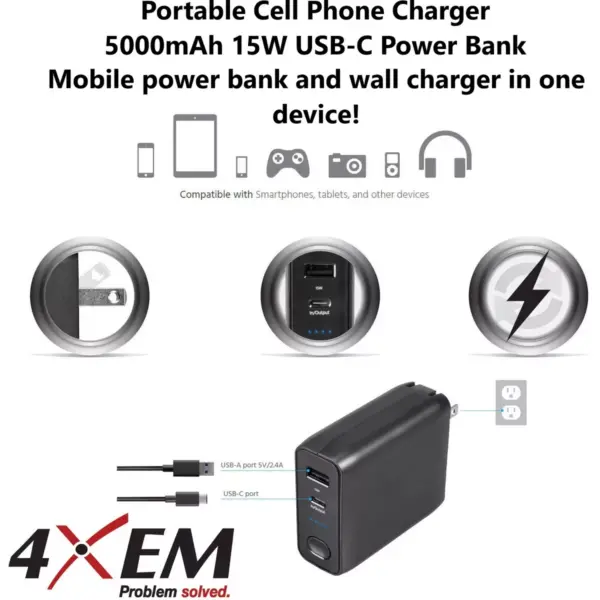 4XEM 5000mAh Power Bank and Wall Charger Combo - For Smartphone, iPhone, Mobile Device, Tablet PC, Headphone, Camera - 5000 mAh - 3 A - 5 V AC Output